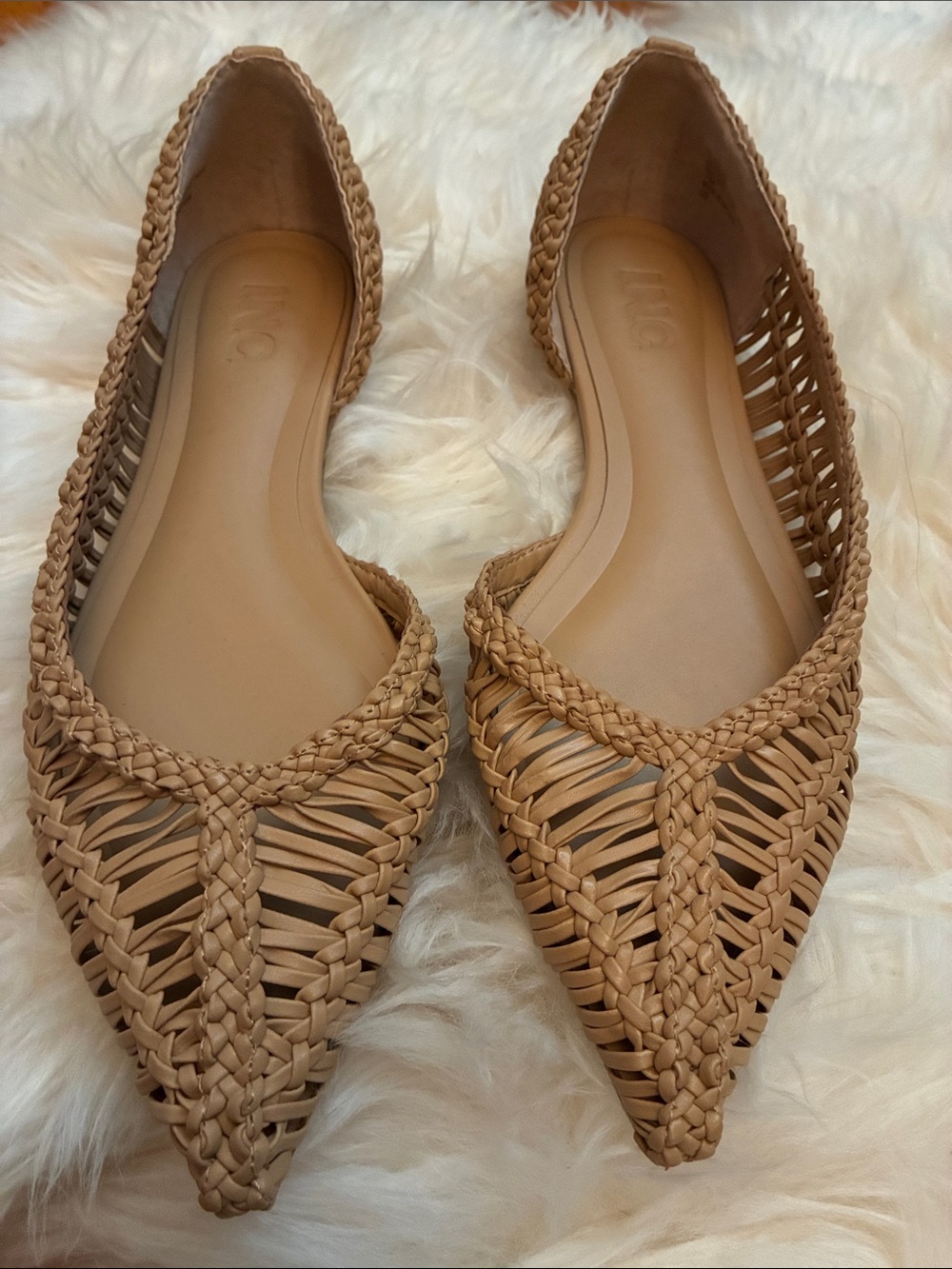 INC International Concepts Tan Braided Pointed-Toe Woven Flats